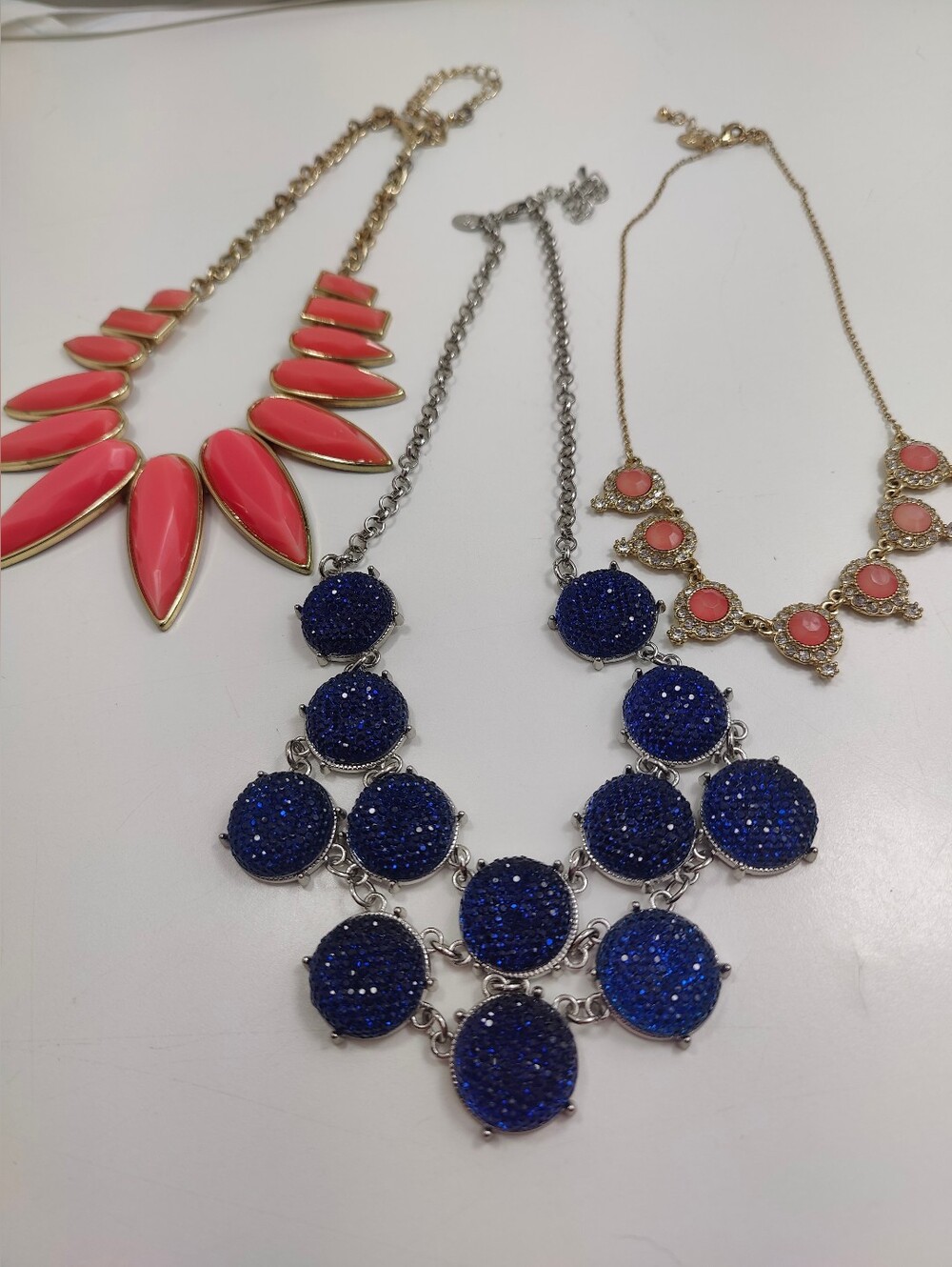 Charming Charlie Signed 3 Pc Necklace Bundle Blue Glitter Statement Coral Peach